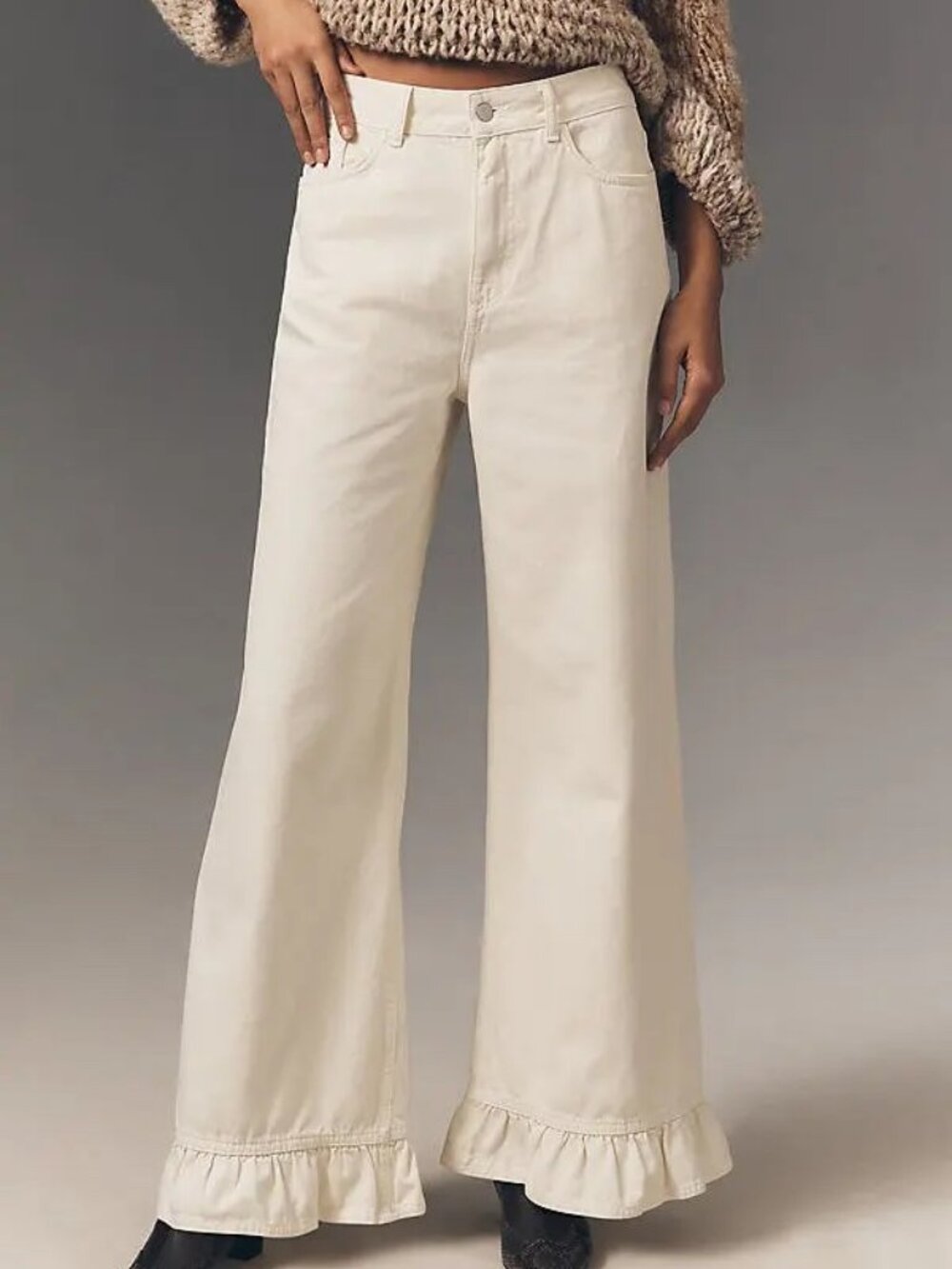 Anthropologie Pilcro Scandi Wide Leg Ruffle Hem Jeans in White Womens Size 32